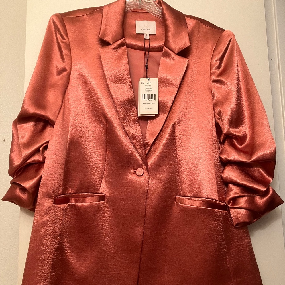 NEW  Cinq a Sept Kylie Satin Jacket Blazer Rosewood Ruched 3/4 sleeves Size 6 NW